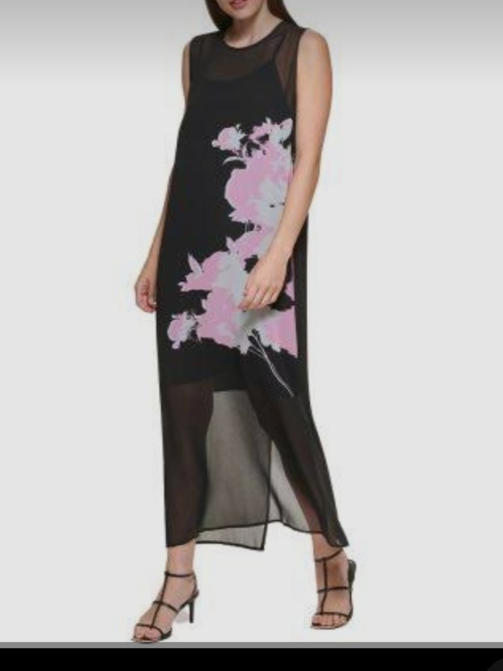 NWT DKNY Soft Black Sheer Maxi Skirt with Pink Floral Design